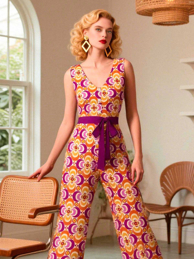 Orange 1960er V-Ausschnitt Gürtel Blumen Jumpsuit