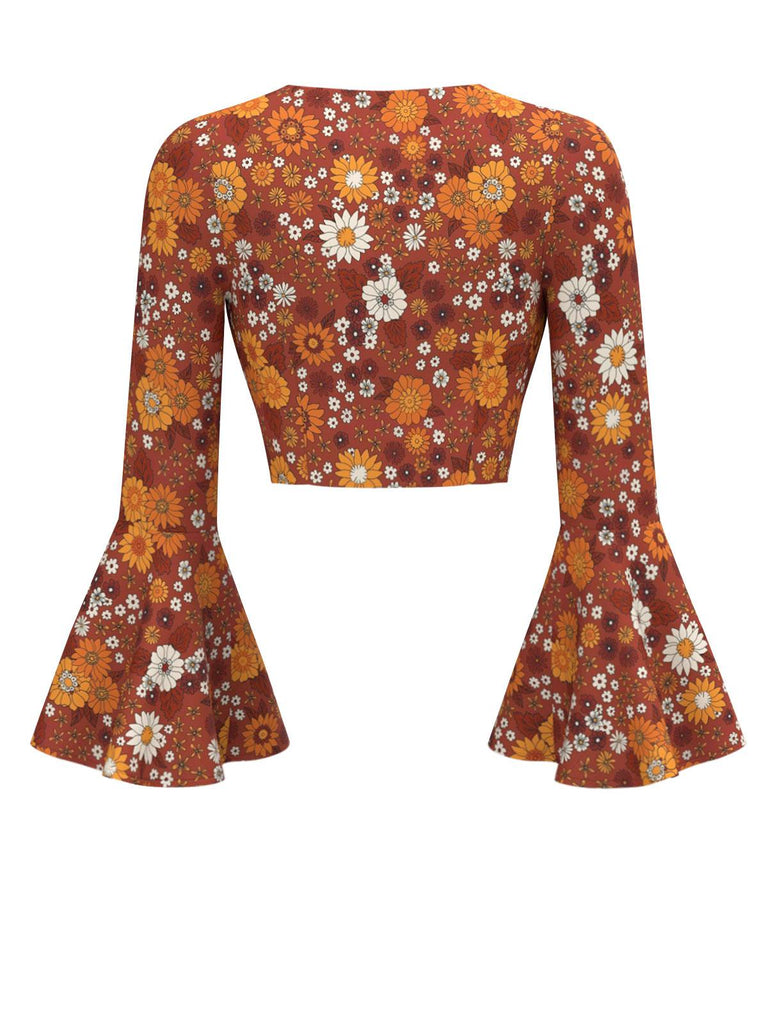 2PCS Orange 1970er Hippie Blumen Glockenärmel Top & Kleid