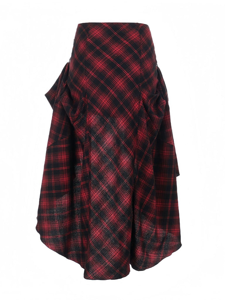 Rot 1980er Schottisch Plaid Hoch-Tief Saum Rock