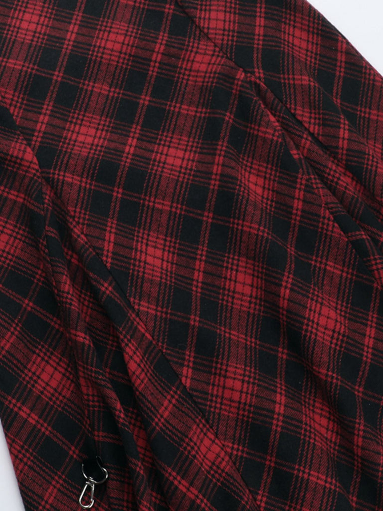 Rot 1980er Schottisch Plaid Hoch-Tief Saum Rock