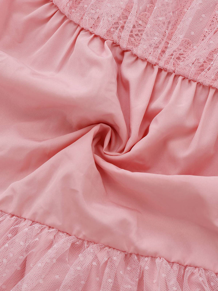 Rosa 1960er Spitze Trim Schleife Bogen Ärmellos Tüll Kleid