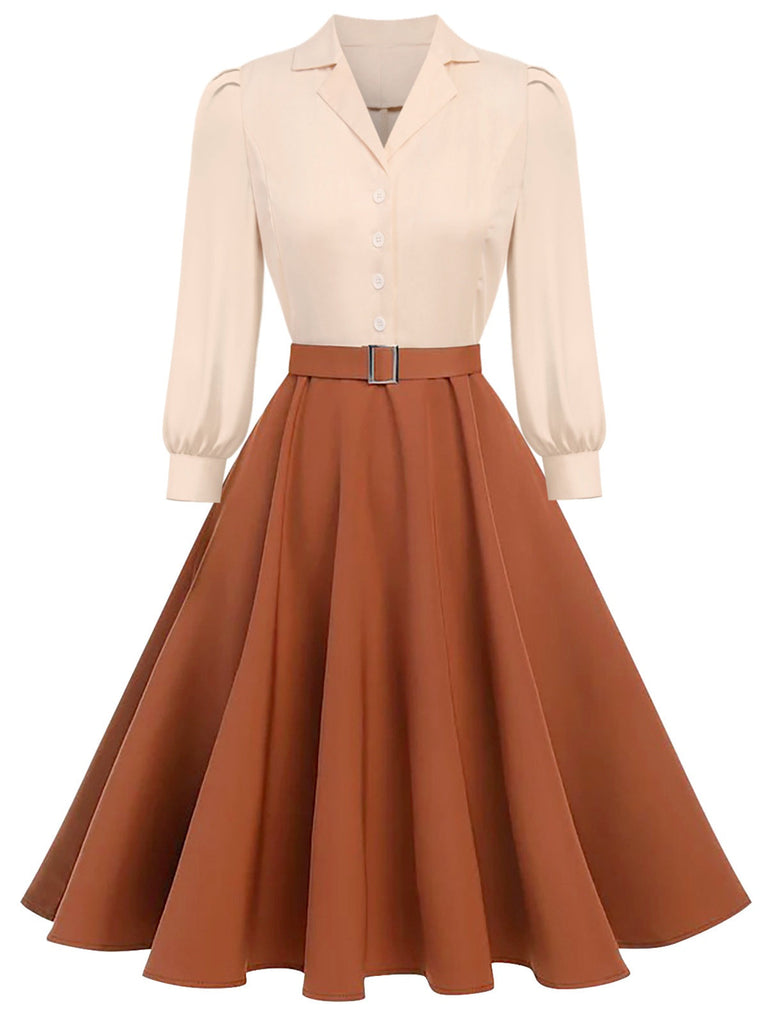 Khaki 1950er Farbblock Langarm Taste Kleid