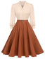 Khaki 1950er Farbblock Langarm Taste Kleid