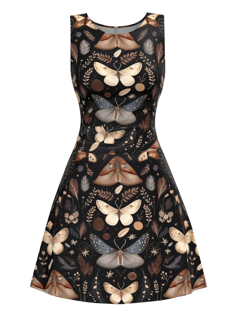 Schwarz 1960er Hexenmotte Schmetterling A-Linie Kleid