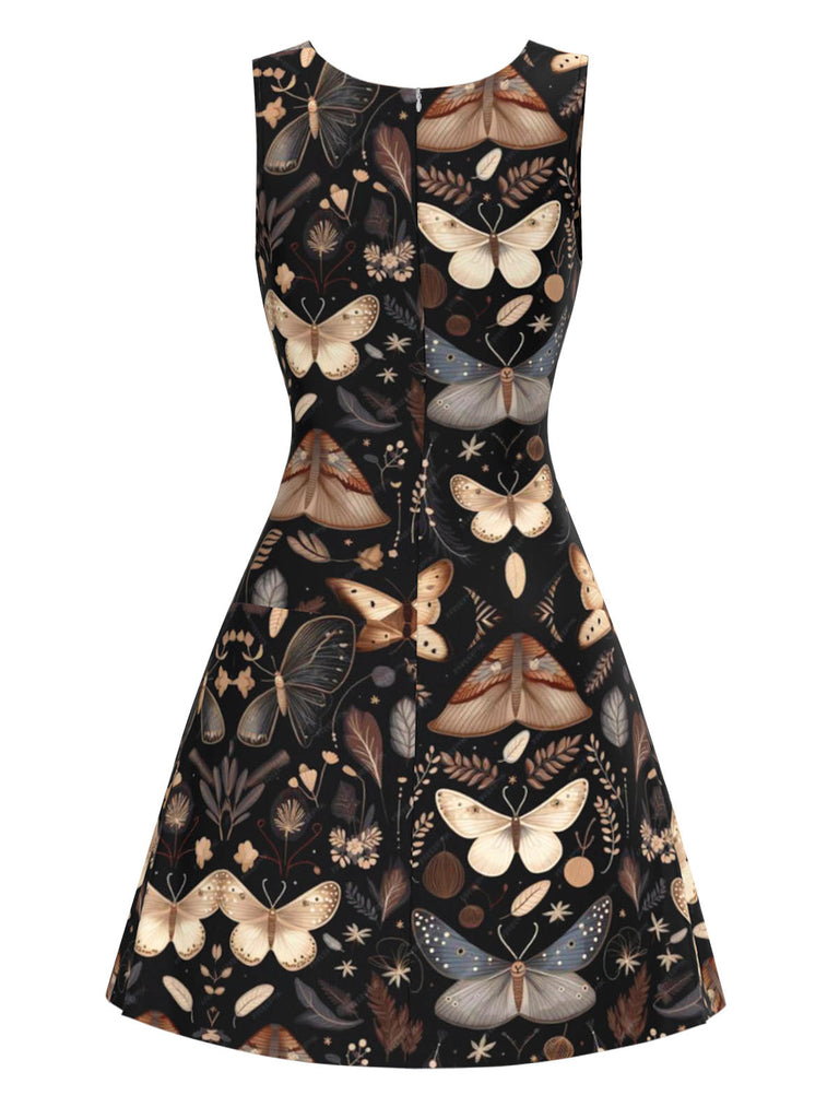 Schwarz 1960er Hexenmotte Schmetterling A-Linie Kleid