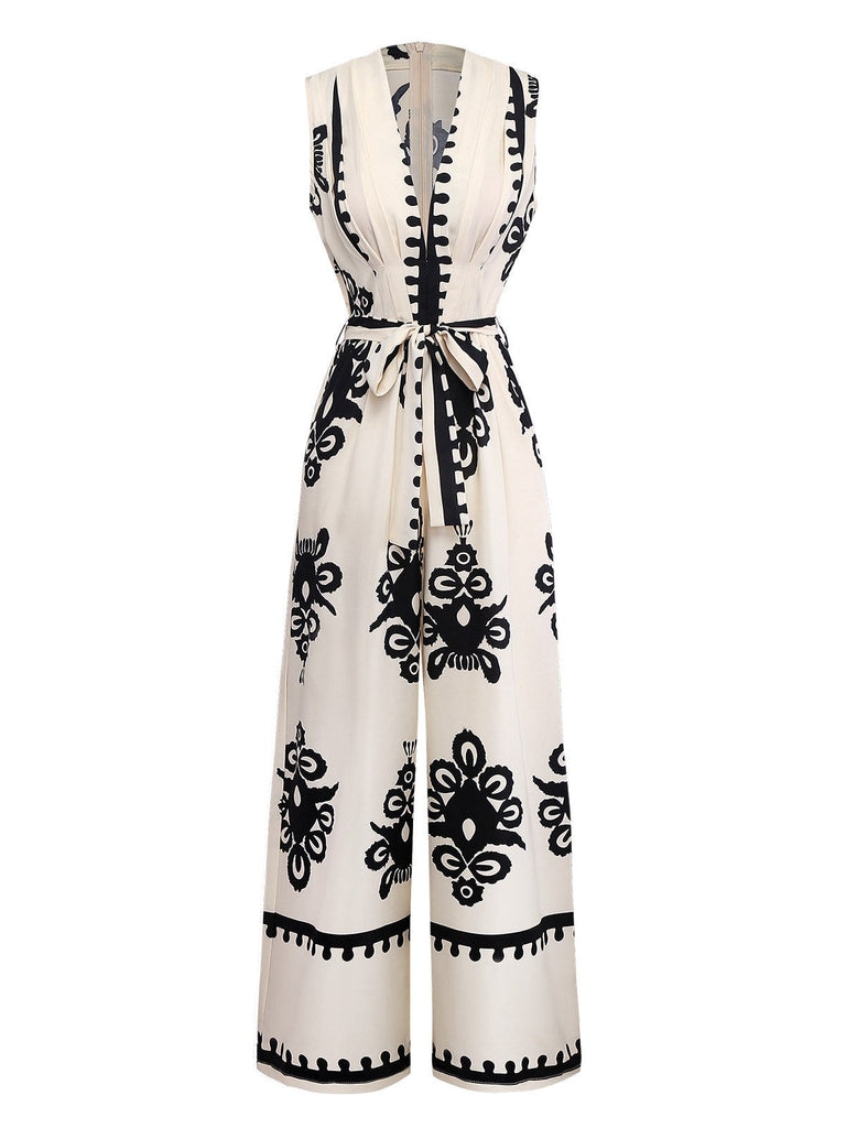 Beige 1970er Tief V-Ausschnitt Ethnisch Drucken Jumpsuit