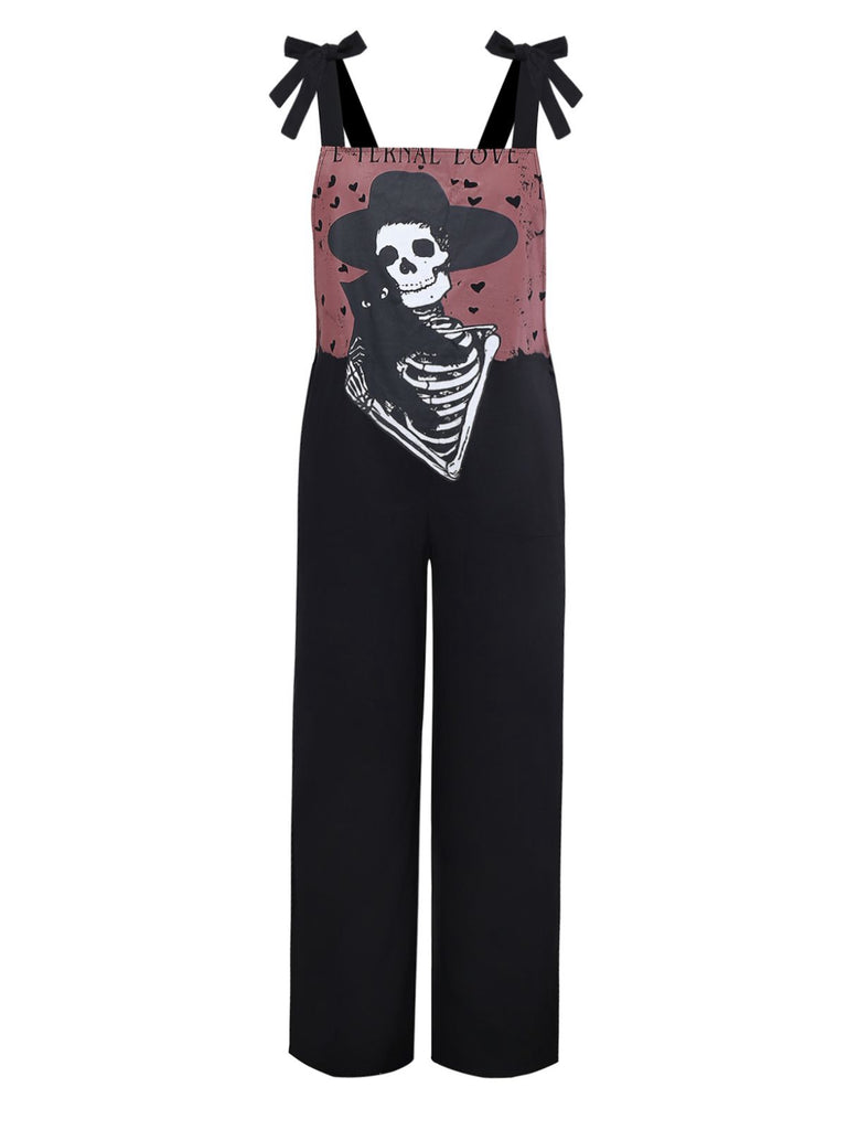 Schwarz 1970er Halloween Gothic Skeleton Straps Jumpsuit
