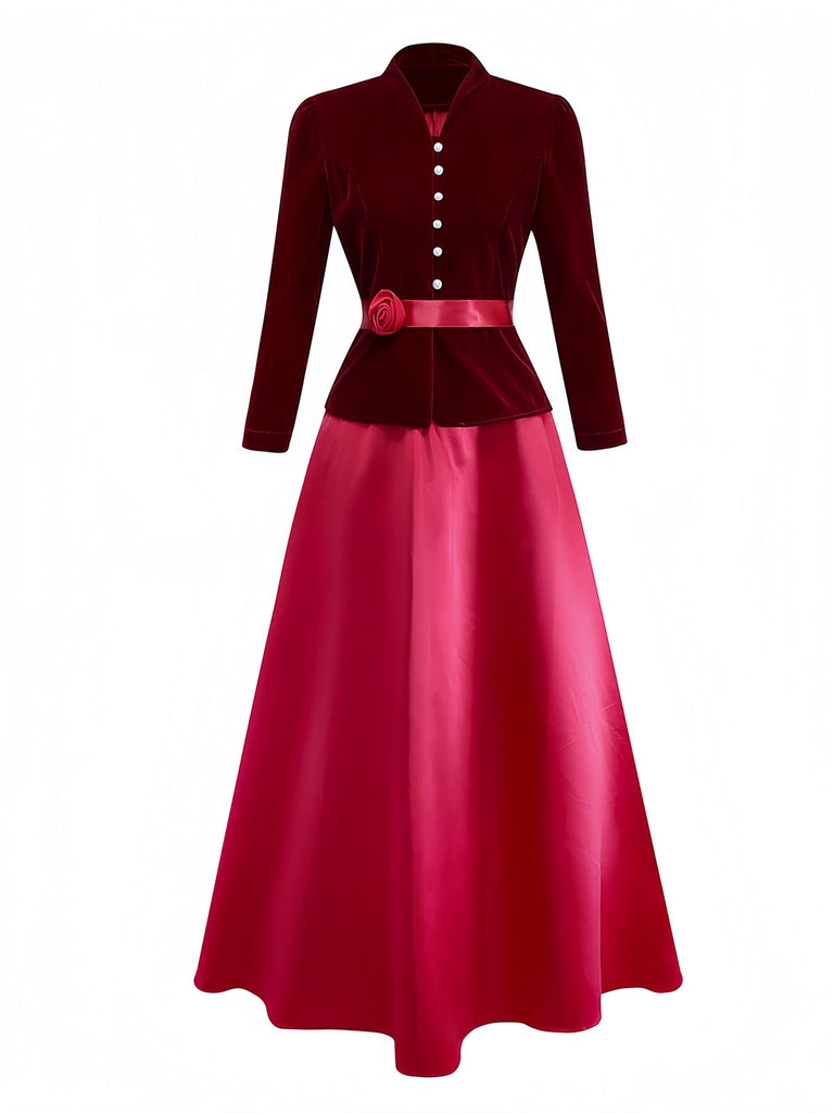 2PCS Weinrot 1940er V-Ausschnitt Samt Jacke & Rock