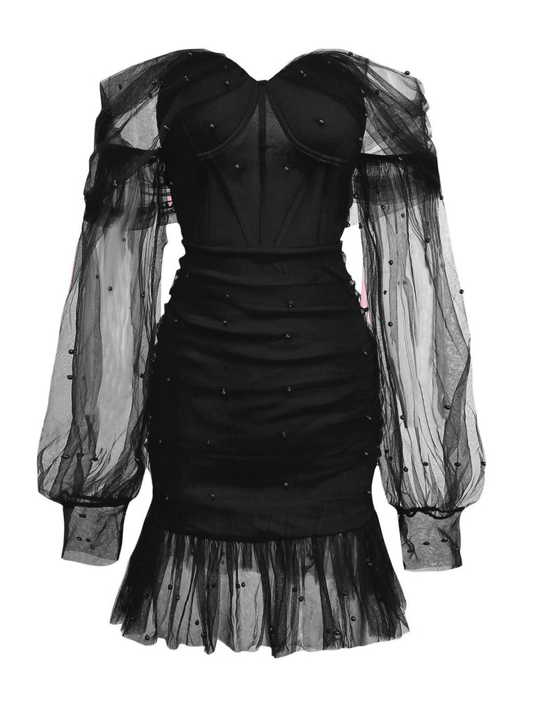 1960er Perlen Herzförmiger Hals Schulterfrei Netz Kleid