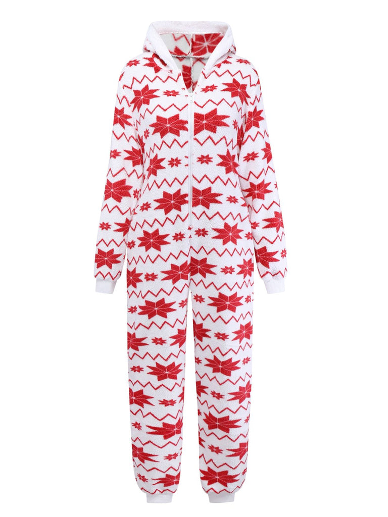 Rot 1980er Weihnachten Drucken Flanell Kapuze Pyjama Jumpsuit