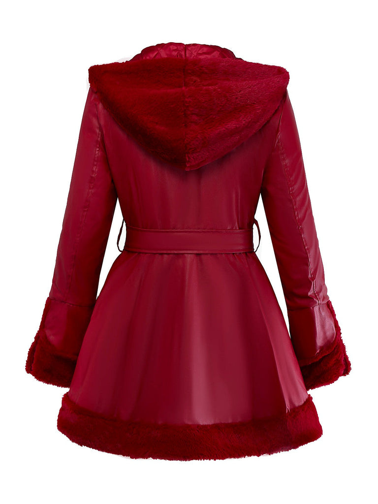 1950er Leder Pelzkragen Mantel Mit Kapuze
