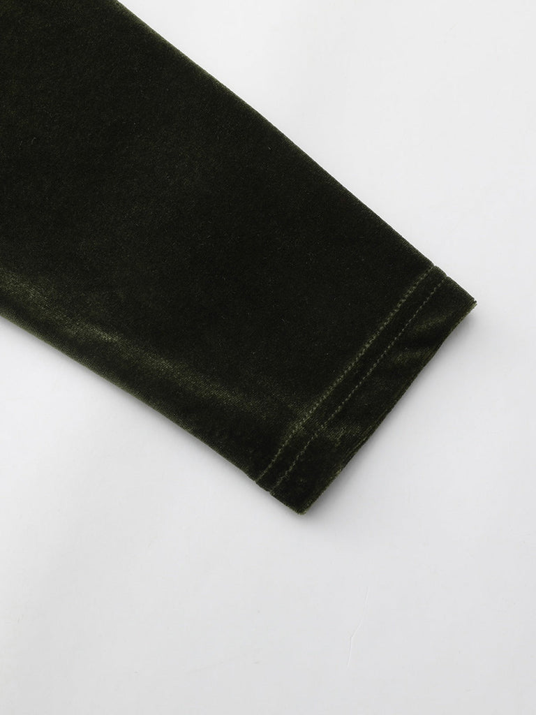 Grün 1940er Samt Tief-V Puffärmel Gerüschtes Kleid