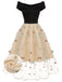 Schwarz & Beige 1950er Blumen Netz Schulterfrei Kleid