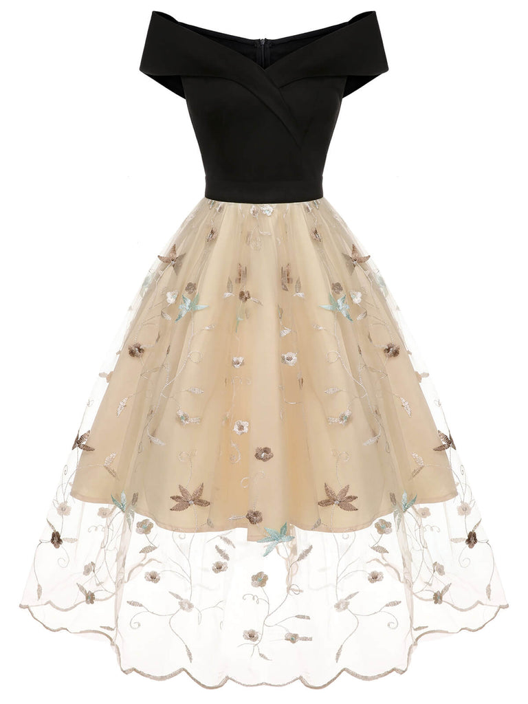 Schwarz & Beige 1950er Blumen Netz Schulterfrei Kleid