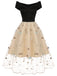Schwarz & Beige 1950er Blumen Netz Schulterfrei Kleid