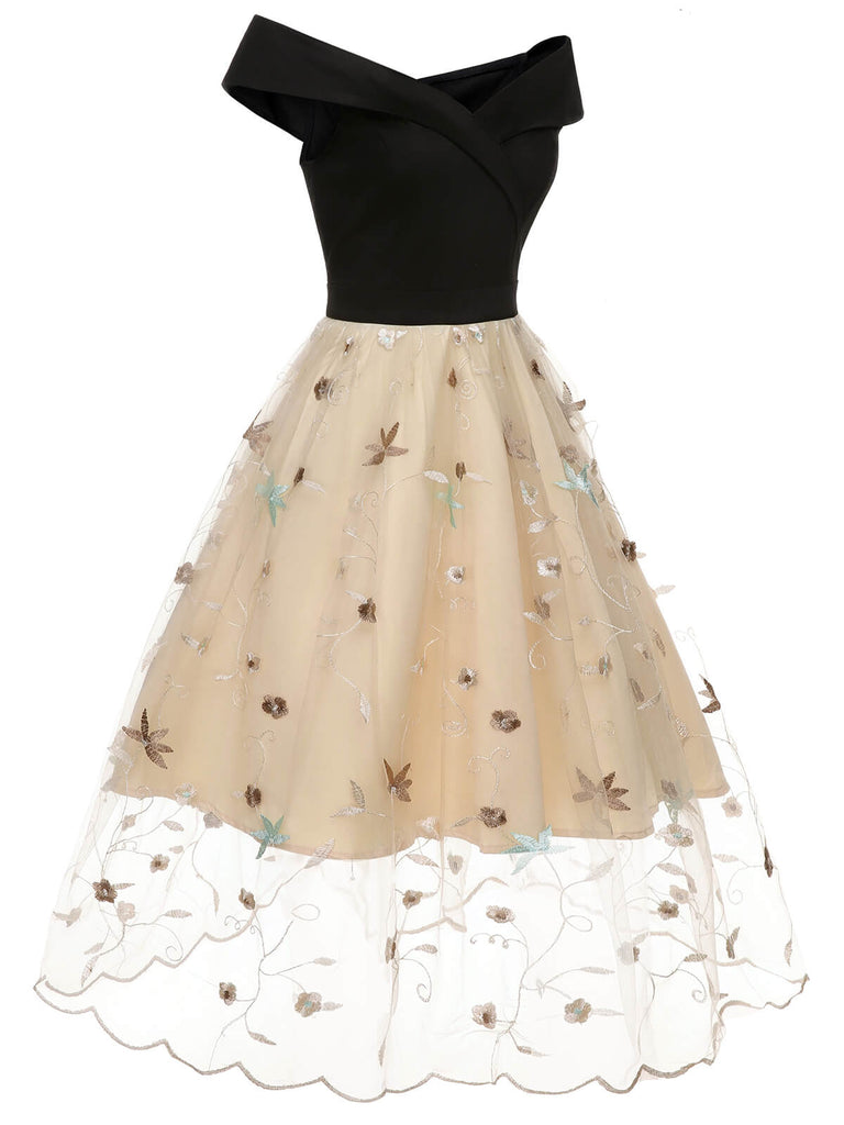 Schwarz & Beige 1950er Blumen Netz Schulterfrei Kleid
