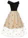 Schwarz & Beige 1950er Blumen Netz Schulterfrei Kleid