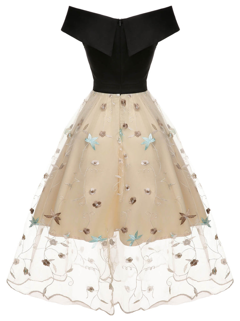 Schwarz & Beige 1950er Blumen Netz Schulterfrei Kleid