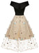 Schwarz & Beige 1950er Blumen Netz Schulterfrei Kleid