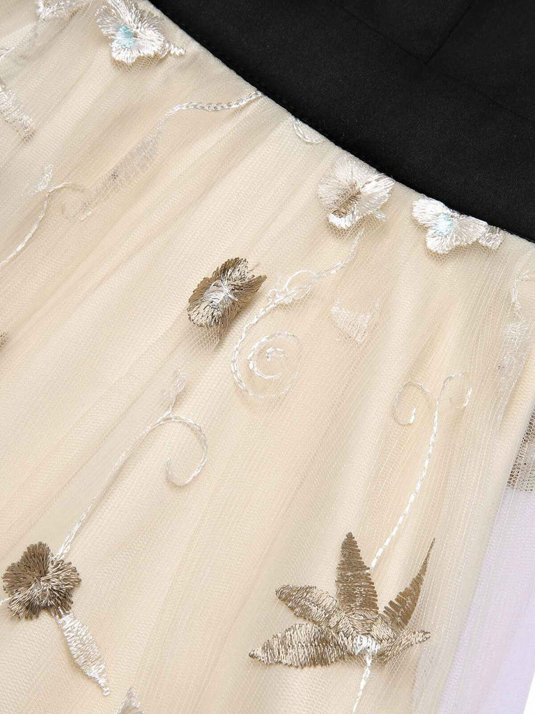 Schwarz & Beige 1950er Blumen Netz Schulterfrei Kleid