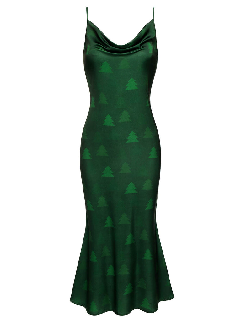 Grünes 1930er Weihnachtsbaum-Trägerkleid mit Fischschwanz