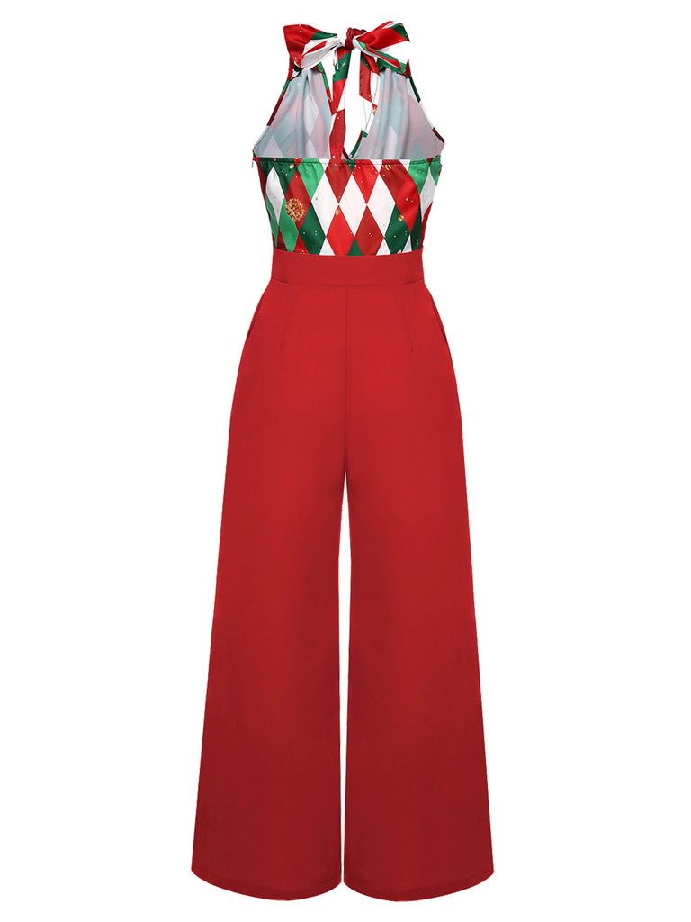 Rot 1930er Weihnachten Plaid Spitze Patchwork Jumpsuit