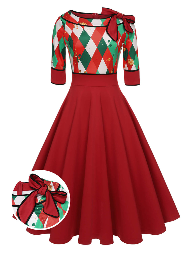 Grün 1950er Weihnachten Plaid Patchwork Kleid