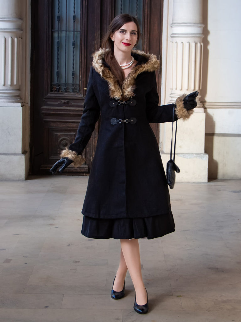 Weinrot 1950er Solide Schnalle Fell Getrimmt Mantel