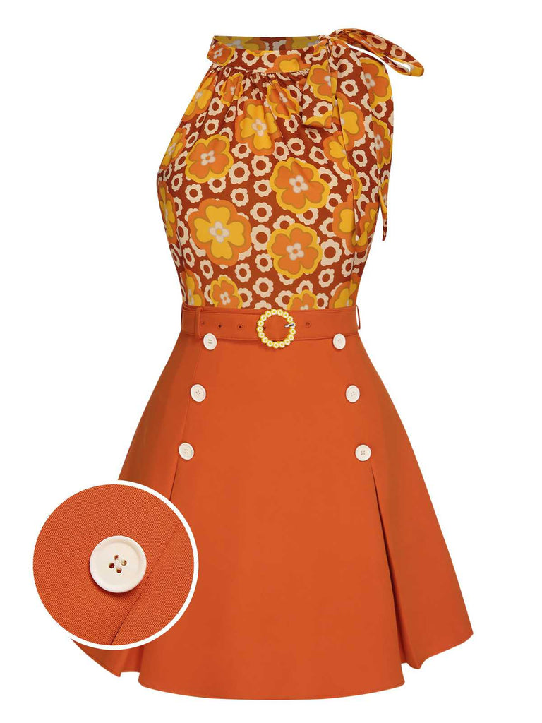 Grün 2PCS 1960er Krawattenkragen Blumen Top & Knöpfen Solide Rock