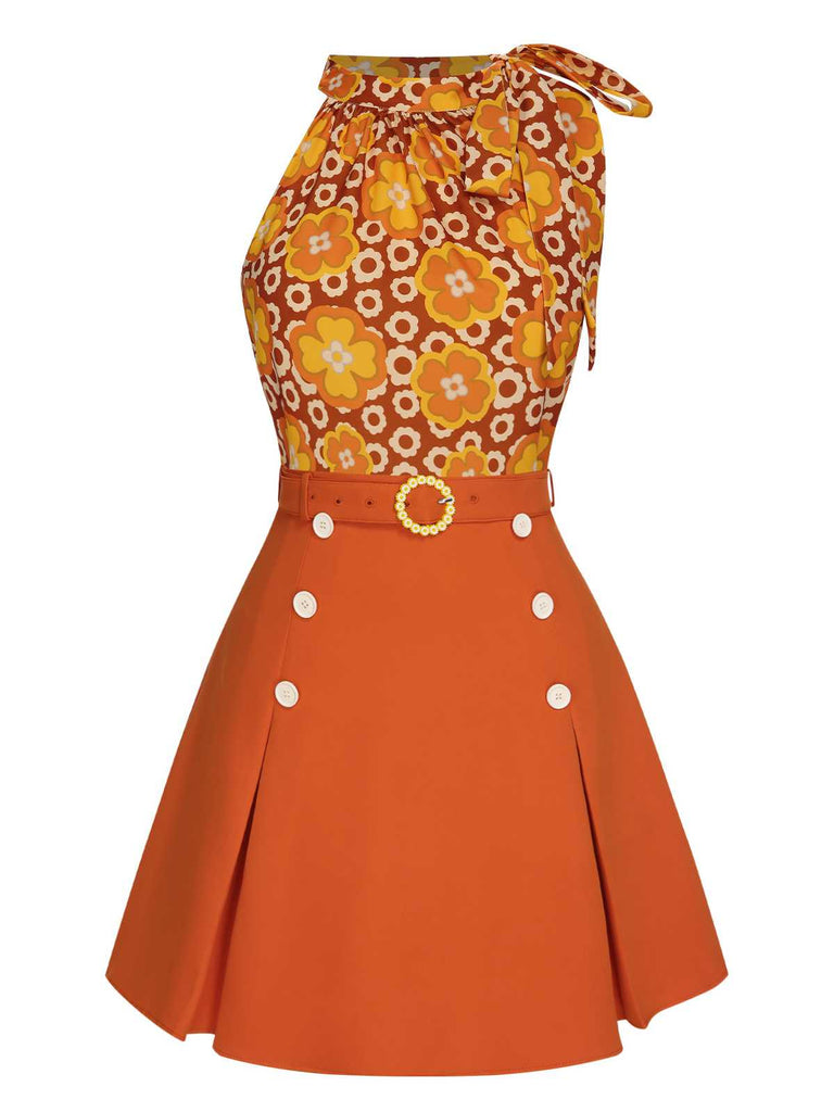 2PCS 1960er Krawattenkragen Blumen Top & Knöpfen Solide Rock