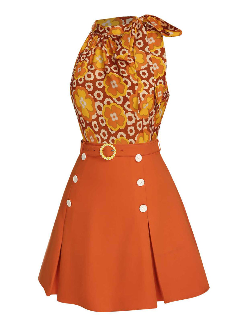 Grün 2PCS 1960er Krawattenkragen Blumen Top & Knöpfen Solide Rock