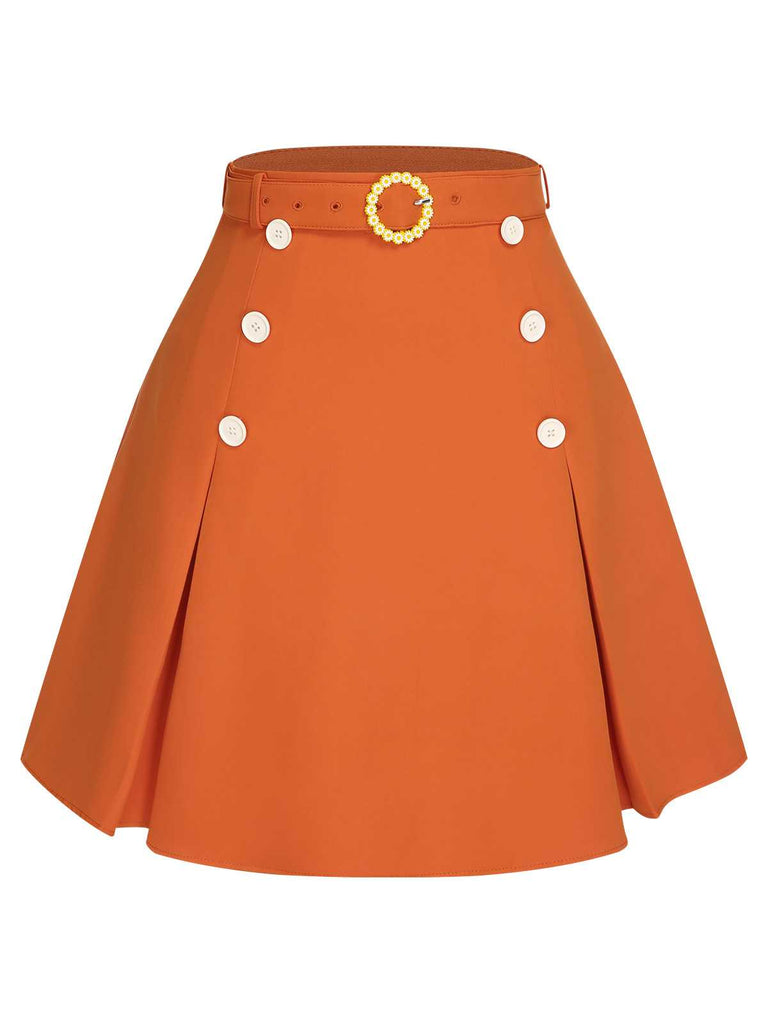 Orange Rot 1960er Solide Knöpfen Rock mit Gürtel
