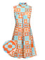 Orange & Blau 1960er Blume Stehkragen Kleid