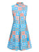 Blau 1960er Blume Stehkragen Kleid