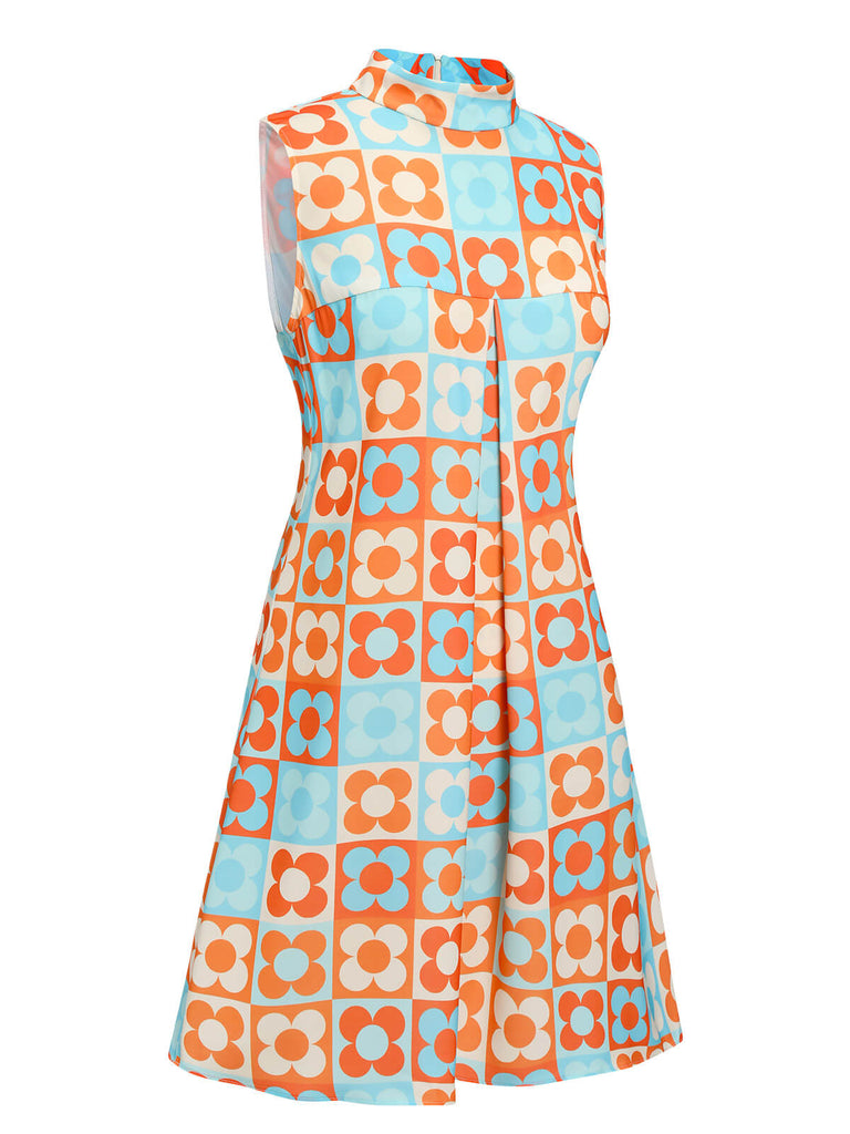 Orange & Blau 1960er Blume Stehkragen Kleid