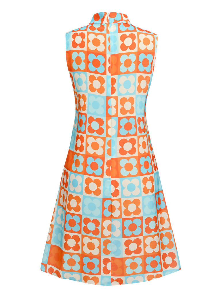 Orange & Blau 1960er Blume Stehkragen Kleid
