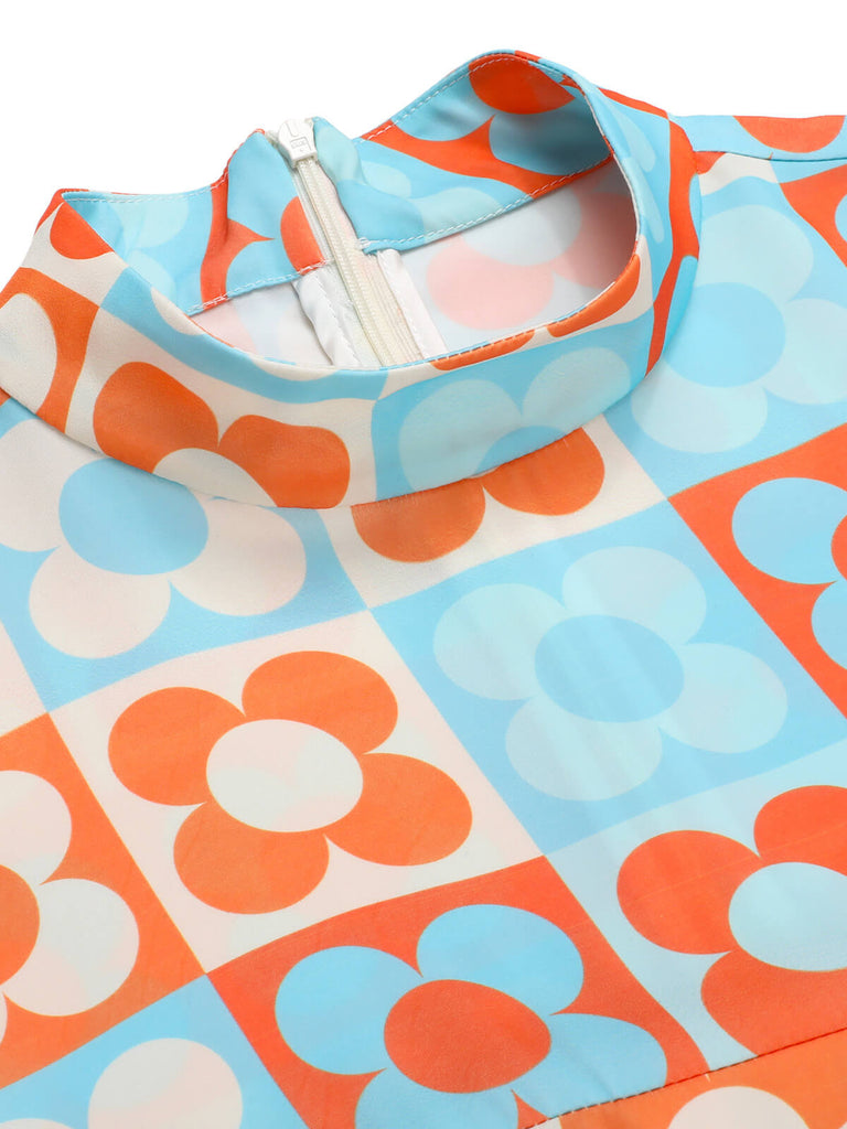 Orange & Blau 1960er Blume Stehkragen Kleid