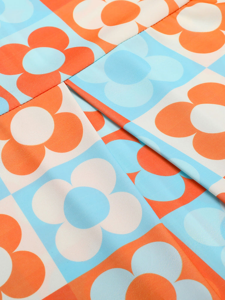 Orange & Blau 1960er Blume Stehkragen Kleid