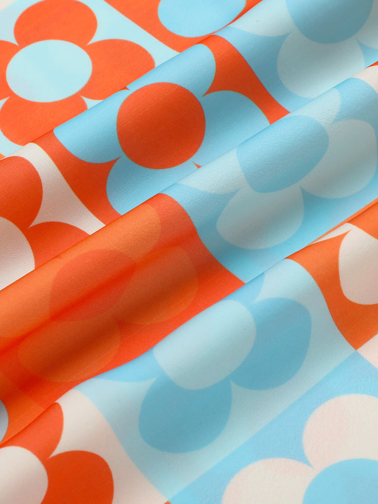 Orange & Blau 1960er Blume Stehkragen Kleid
