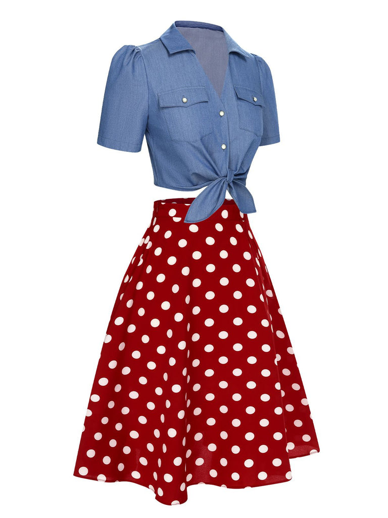 2PCS 1950er Solide Bluse & Polka Dots Rock