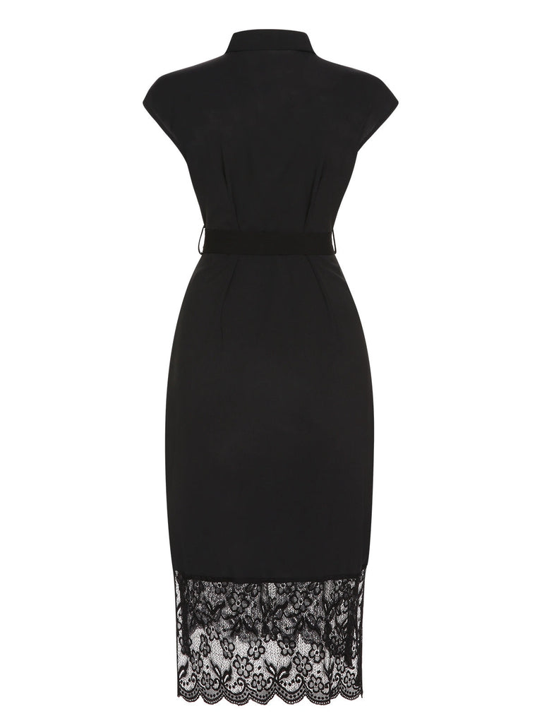 Schwarz 1940er Solide Spitze Hemdkragen Kleid