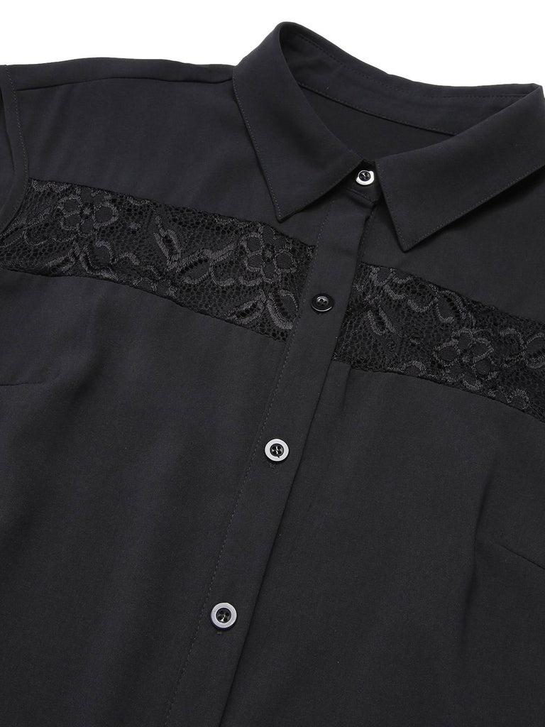 Schwarz 1940er Solide Spitze Hemdkragen Kleid
