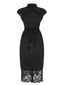 Schwarz 1940er Solide Spitze Hemdkragen Kleid