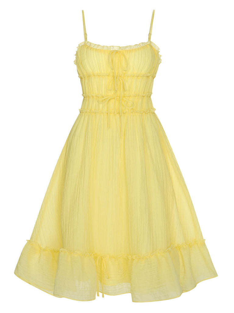 Gelb 1940er Spaghetti Träger Rüschensaum Kleid