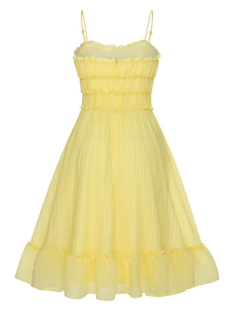 Gelb 1940er Spaghetti Träger Rüschensaum Kleid
