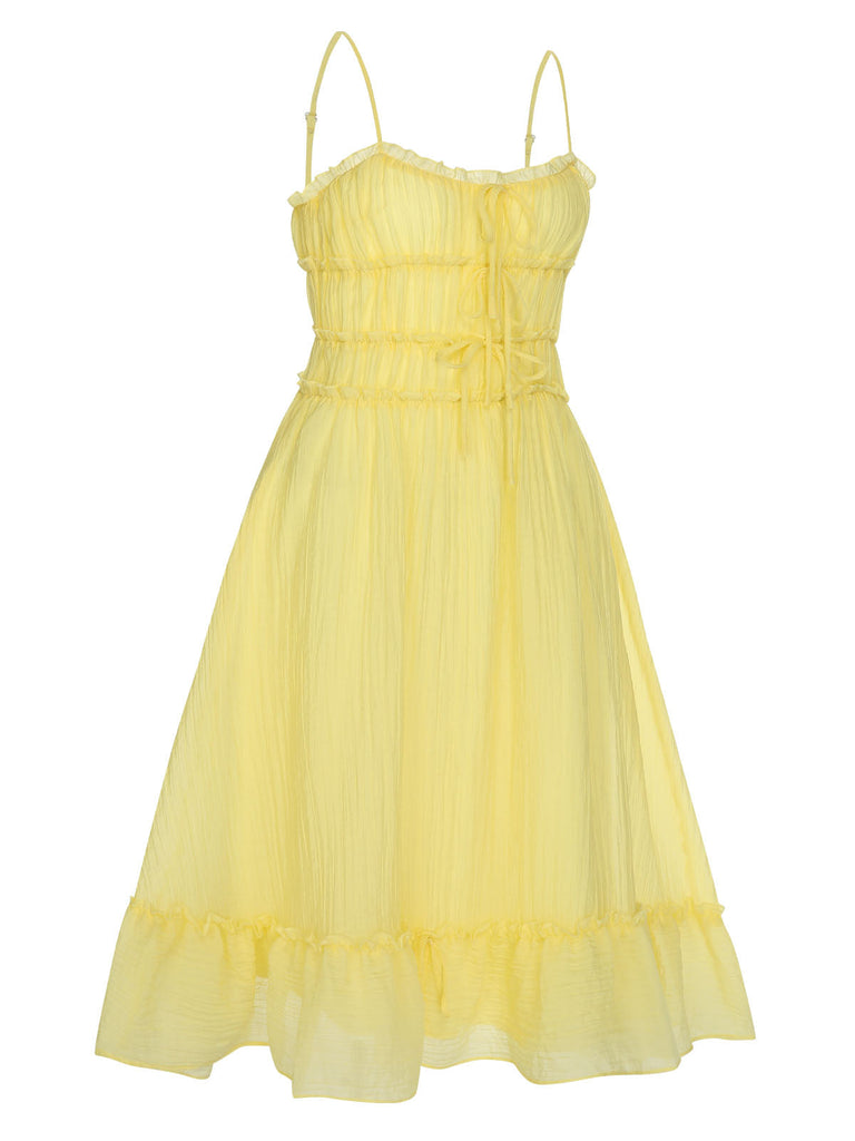 Gelb 1940er Spaghetti Träger Rüschensaum Kleid