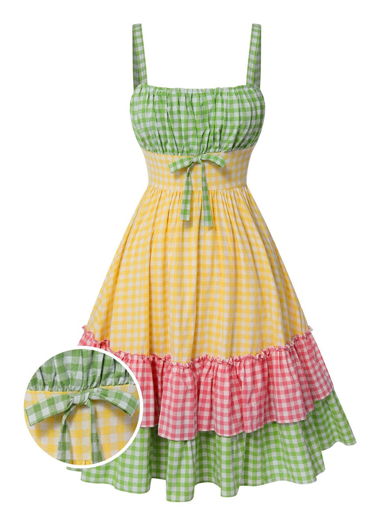 Multicolor 1950er Baumwolle Breit-Träger Plaid Patchwork Kleid