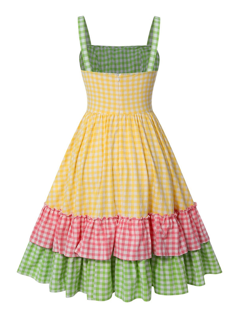 Multicolor 1950er Baumwolle Breit-Träger Plaid Patchwork Kleid