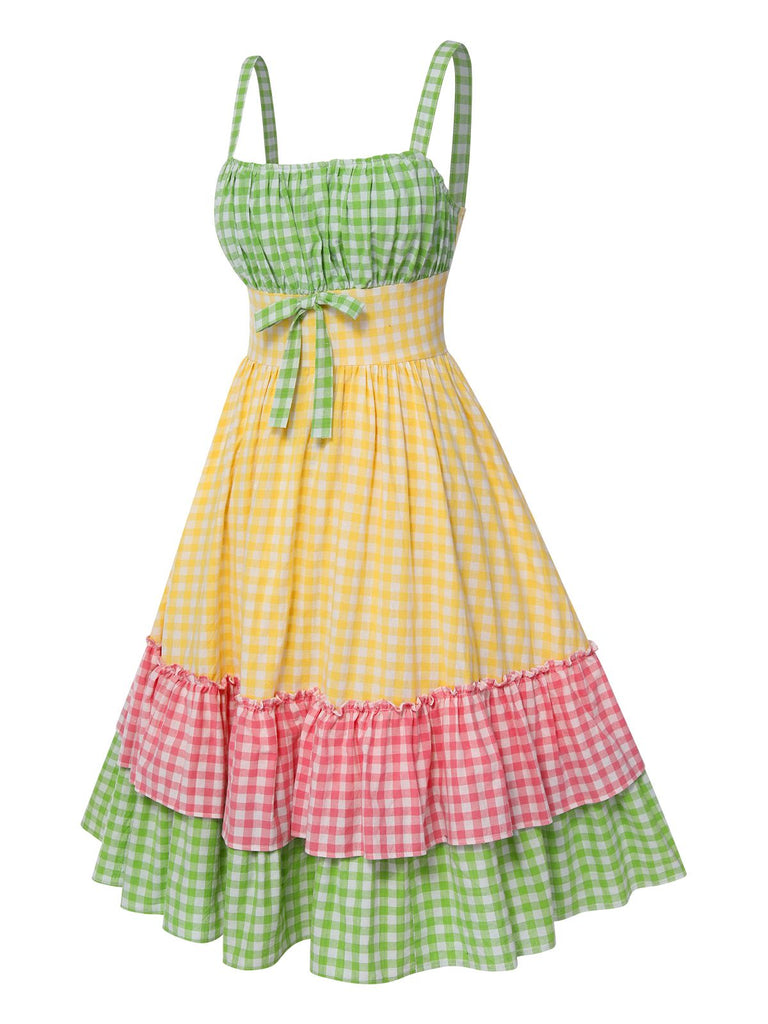Multicolor 1950er Baumwolle Breit-Träger Plaid Patchwork Kleid