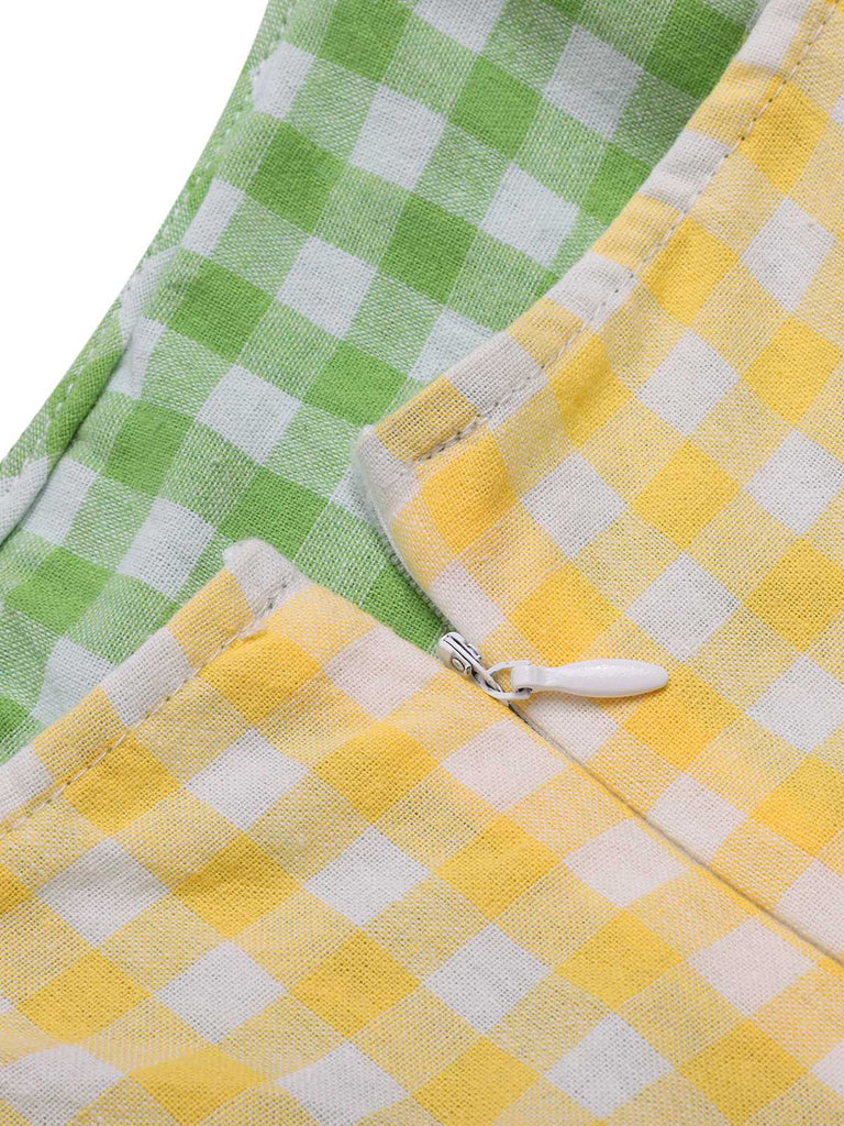Multicolor 1950er Baumwolle Breit-Träger Plaid Patchwork Kleid